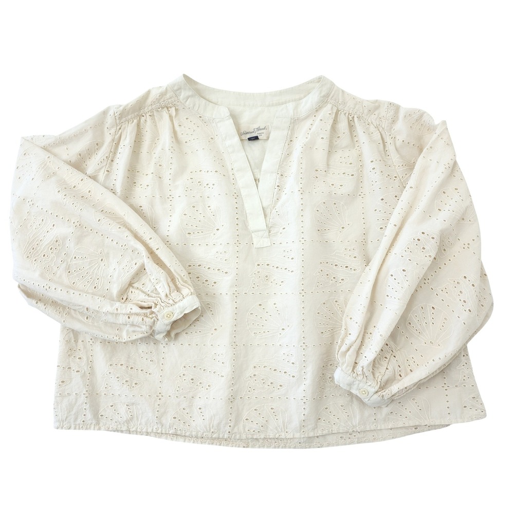 Universal Thread Cream Shell Eyelet Embroidered Split V-Neck Blouse XS Boho Top